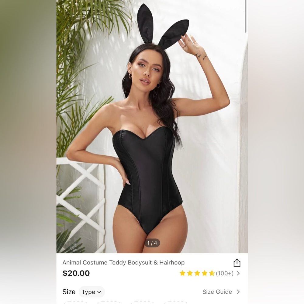 Shein black bodysuit bunny animal costume with ears and cottontail.